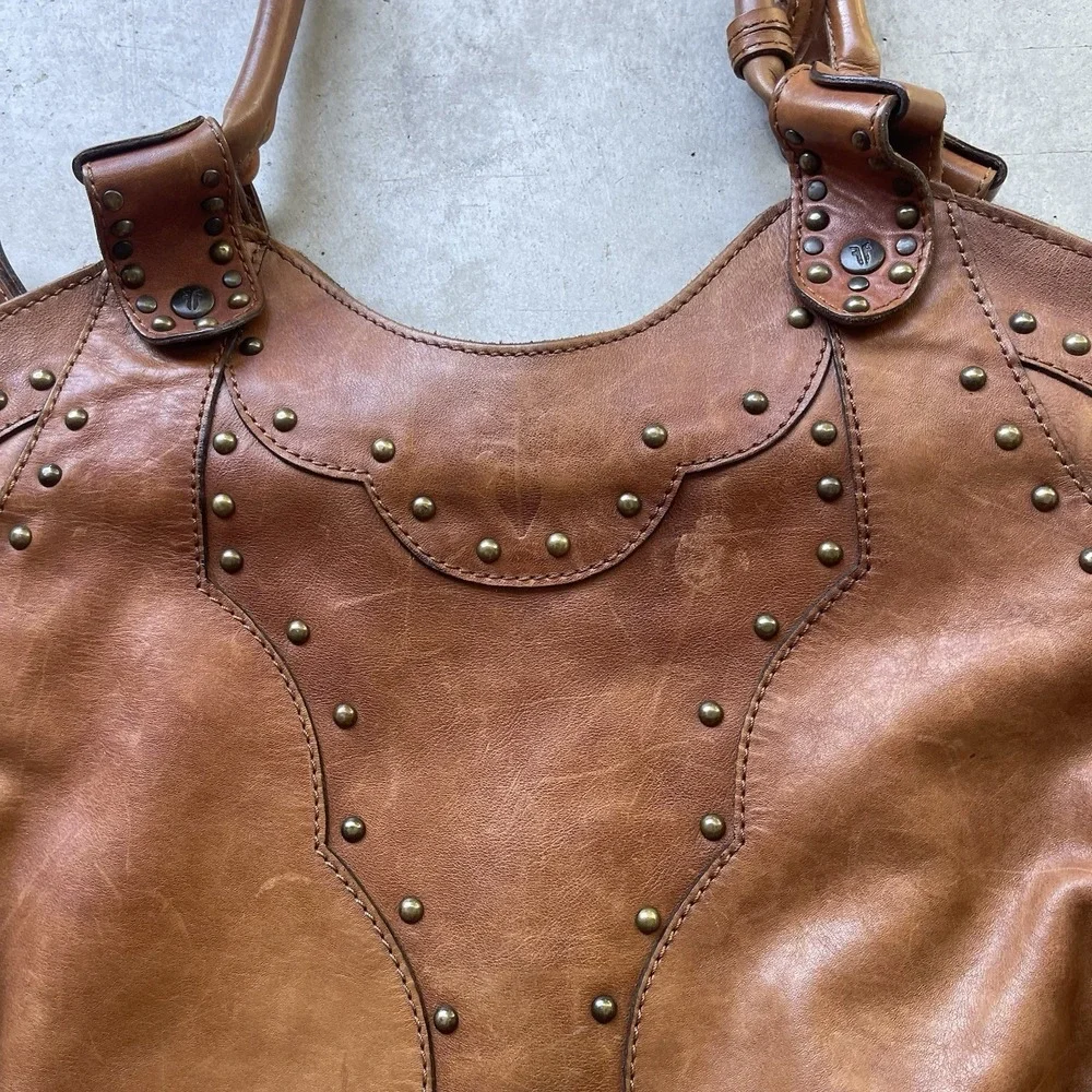 Vintage‎ Frye Brown Genuine Leather Studded Shoulder Bag Western Hobo Purse
